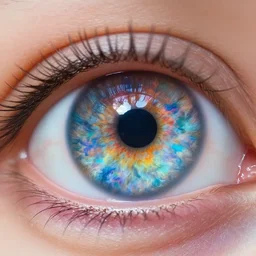 real human eye with the iris reflecting a heavily psychadelic universe of heaven, hypermaximalist, incredible detail
