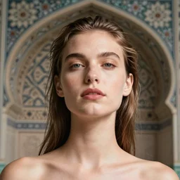 long shot, kodak portra, 8 k, soft light, fine art portrait photography, face neck shoulders, fashion photography, background fractal muqarnas, camille vivier