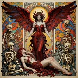 a beautiful fallen angel, full body figure, 6 wings, in hell, surrounded by skeletons, by eve ventrue, michael carson, andreas rochas, john watkiss, caseyweldon, artgerm. art nouveau. tarot mucha. gloomhaven. swirl intricate lines background. vibrant colors, sharp edges. octane rendering