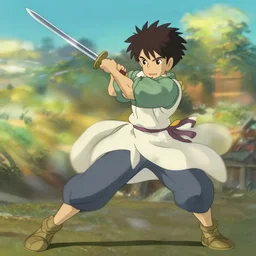 a warrior swinging her sword in a full arc, motion blur, studio ghibli