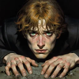 tears stream down the face of a man with light brown hair and green eyes. He clutches the ground in agony. By Ayami Kojima, Frank Frazetta, and Anna Dittmann. Masterpiece. Rule of thirds.