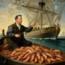 Tom hanks as forrest fishing for shrimp in a giant shrimp boat, majestic beautiful world, renaissance painting, amazing detail