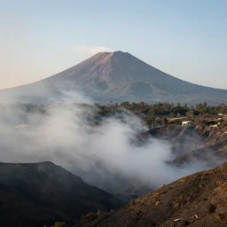 a smoky hill with a mountain volcano on a background,4k