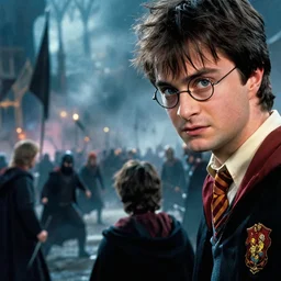 close up cinematic artwork of Harry Potter staring down the enemy on the battlefield by Greg Rutkowski, 4k, masterpiece