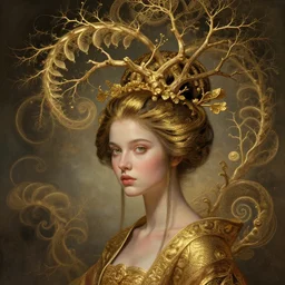 madison beer with a branches growing from her head, alterd carbon, geisha, dreamy ethereal vibe,, atmospheric, detailed intricate render, fibbonacci, detailed illustration, hd, 4 k, digital art, overdetailed art, gold, surrealistic, by greg rutkowski, by loish, trending on artstation, deviantart