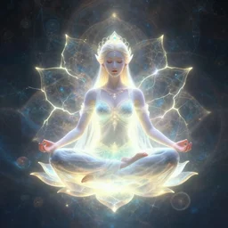 glowing cracks, elven princess, meditating, peaceful, levitating, powerful, blossoming, lotus pose, zen, glowing, fractal background, ascending