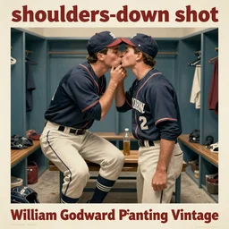 “shoulders-down shot of two baseball players kissing in the locker room, William Godward Painting Vintage Poster”