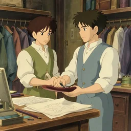 tailoring shops, attractive male, in the style of studio ghibli, j. c. leyendecker, greg rutkowski, artgerm