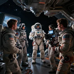film crew in space recording a movie. dramatic lighting, intricate details, vivid colors, octane render