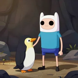 a photorealistic picture of BMO from Adventuretime playing with a penguin