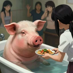 a pig head man sitting in the tub, a girl is serving food to him. | very very anime!!!, fine - face, audrey plaza, realistic shaded perfect face, fine details. anime. very strong realistic shaded lighting poster by ilya kuvshinov katsuhiro otomo ghost, magali villeneuve, artgerm, jeremy lipkin and michael garmash and rob rey