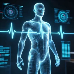 human performance, wireframe human, heartbeat, glowing wireframe, future scifi scene, biometric dials and displays in background, high detail, precise lines, angular