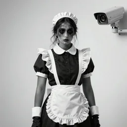 A plague doctor wearing a french maid dress, security camera photo, 4k, black and white, ghostly, dark
