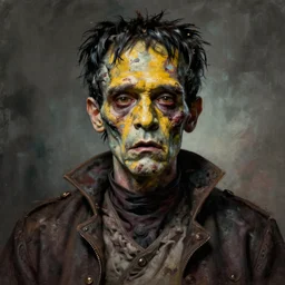 centered detailed portrait of frankenstein, scarred, resurrected corpse, yellowish skin, zombie, robes, art by jean giraud and moebius, grimy texture, realistic, expressive emotions, muted colours