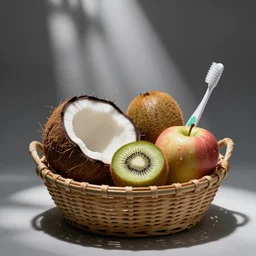 a basket full of coconut, kiwi, apple and tooth brush