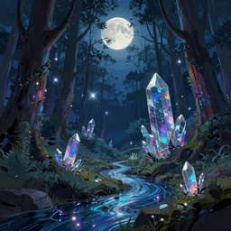 concept art by jama jurabaev, cel shaded, cinematic shot, trending on artstation, high quality, brush stroke, vibrant colors, the mysterious crystal forest under the moonlight, and the streams are dotted with stars