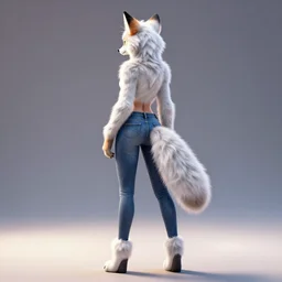 full body of anthropomorphic lynx fursona from behind wearing jeans as a slim woman with lynx head, tail, furry paws with no boots, by tanidareal, irakli nadar, intricate linework, unreal engine, fantasy style, perfect angle, radiant lighting, vibrant color scheme, 3 d render, detailed highly lighted white fur, realistic fur, thin legs