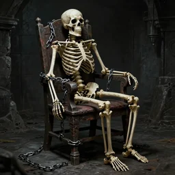 a skeleton tied to the chair in a dungeon, steel chains binding the skeleton to the chair, dark, hyperrealistic, sharp, digital art, featured on artstation, HD, 8K, highly detailed, masterpiece