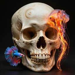3 d close - up swirly human skull!!! portrait!!! giant gladiola betta fish!! jellyfish phoenix fire energy flow, highly detailed. by wlop, tooth wu, greg rutkowski, alena aenami, beeple