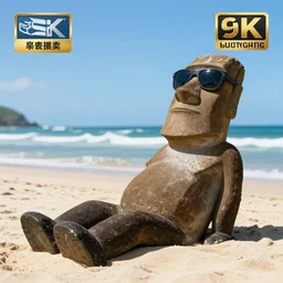 moai statue wearing sunglasses, lounging on a beach , 8k , 4k , professional photography, award winning photo