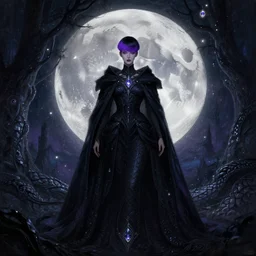 background is moon many light effects, particle, lights, gems, symmetrical centered portrait dark witch, large cloak, fantasy forest landscape, dragon scales, fantasy magic, undercut hairstyle, short purple black fade hair, dark light night, intricate, elegant, sharp focus, digital painting, concept art, matte, art by artgerm and greg rutkowski and alphonse mucha, masterpiece