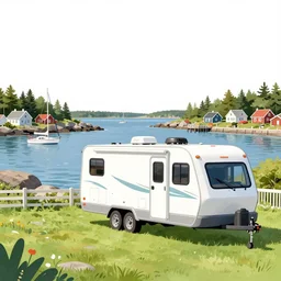 long!! fifth wheel camper towable long rv!!! on the grass by the harbor in maine, rocky coast, sailboats in the water, tiny village, white background, cute digital watercolor art, 4 colors!!! trending on artstation