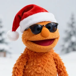 bip bippadotta at the north pole, santa hat, orange fuzzy muppet, wearing sunglasses. sharp, uhd 4 k