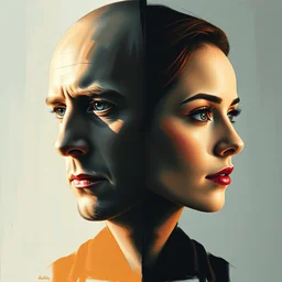 symmetrical bilateral half split portrait, edward norton, natalie portman, abstract portrait painting