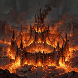 an obsidian fortress in the elemental plane of fire, with rivers of lava surrounding it, concept art, Dungeon and Dragon illustration, painted by Greg Rutkowski, trending on ArtStation