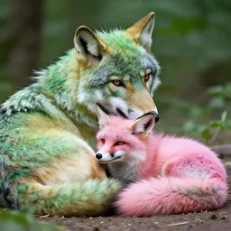 a green wolf cuddling with a pink fox