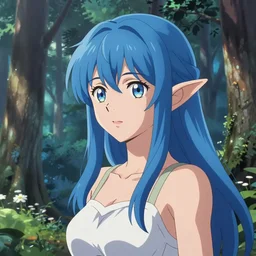beautiful young elf woman with blue hair and elf ears anime forest scene summer dusk setting, expert high detail concept art, perfect proportions fine face, realistic shaded lighting poster ilya kuvshinov, katsuhiro, jeremy lipkin and michael germash, makoto shinkai, loish and clamp style, trending on art station, best selling artist