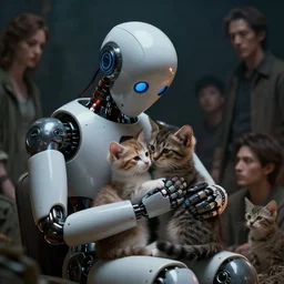 a robot cuddling kittens, by Greg Rutkowski, Sung Choi, Mitchell Mohrhauser, Maciej Kuciara, Johnson Ting, Maxim Verehin, Peter Konig, Bloodborne, 8k photorealistic, cinematic lighting, HD, high details, dramatic, dark atmosphere, trending on artstation