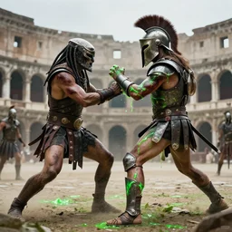 the predator fighting a spartan warrior in a roman coliseum, green glowing fluid on wounds, 8 k award winning photo, amazing
