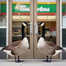 polite canadian geese in a standoff holding the door for each other at tim hortons