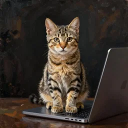 Still life of a tabby kitten sitting on a Macbook, oil-painting, dark background