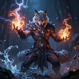 magic wolf sorcerer casting a powerful arcane magic spell, fire, ice, lightning, fantasy, occult, majestic pose, dramatic lighting, cinematic scene, frank frazetta, visually stunning, sharp focus, highly detailed, colorful, trending on artstation, cgsociety, artgerm, award - winning