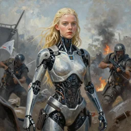 a striking hyper real painting of Anya Taylor-Joy as an android at war by Craig Mullins
