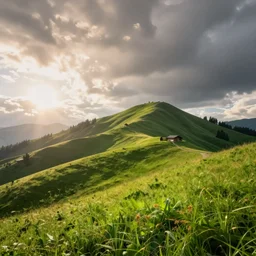 Hill austria, detailed, concept art, low angle, high detail, warm lighting, volumetric, godrays, vivid, beautiful, trending on artstation, by Jordan grimmer, huge scene, grass, art greg rutkowski