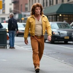 film still, portrait of tarzan walk on the street of new york, by charlotte grimm, natural light, detailed face, beautiful features, symmetrical, 8 k, medium - format print, half body shot