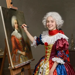 a young curator with light white hair and red scarf, cheerful, modern maximalist harlequin fashion dress, is ( ( painting a portrait on a canvas ) ). light dust, magnificent, hyperdetailed, theatrical, painted by jean honore fragonard and greg rutkowski