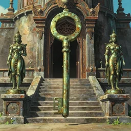 memorable animation key shot of a temple, stone steps, symmetrical brass statues, sunlight, entrance, paper texture, detailed, ornate, rust, art deco, metal rivets, by ghibli, shinji kimura, background art, fantastic architecture, cinematic lighting