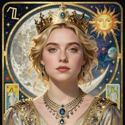 florence pugh portrait by louis - theophile hingre and alphonse mucha, realistic, sharp focus, zodiac signs, tarot cards, planets, ethereal, art nouveau, magic, moon, sun, crown, dreamy, royal, jewellery