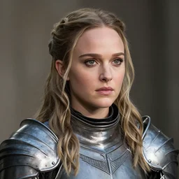 head and shoulders portrait of a female knight, young natalie portman, game of thrones, silken blonde hair, armored, athletic, vogue fashion photo