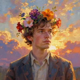 portrait, surreal photography, golden hour, colorful clouds, the dude from the big lebowski, flowers in hair impressionist painting, digital painting, artstation, simon stalenhag