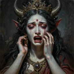 A cinematic crying closeup portrait of the majestic gothic Hindu demon goddess of sorrow, grief and despair, by Tim Hildebrandt, by Wayne Barlowe, by Bruce Pennington, by Zdzisław Beksiński, by Paul Lehr, oil on canvas, masterpiece, trending on artstation, featured on pixiv, cinematic composition, astrophotography, dramatic pose, beautiful lighting, sharp, details, details, details, hyper-detailed, no frames, HD, HDR, 4K, 8K