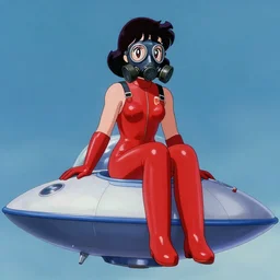a film still of a 1 9 5 0's mechanic anime girl in red rubber and gas mask sitting on top of flying ufo landing in hangar of giant ufo spaceship, kandinsky, trending on pixiv fanbox, painted by gaston bussiere, makoto shinkai, akihiko yoshida, gaston bussiere, craig mullins
