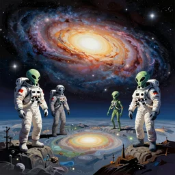 aliens, astronauts, alien world, galaxy in the sky, bright colors, wide angle shot, vector art, by frank frazetta and salvador dali