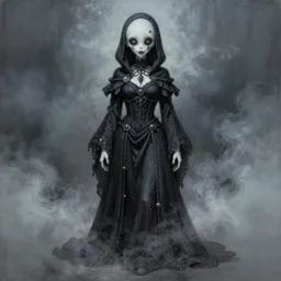 by tom bagshaw, ultra realist soft painting of anime universe of curiosities, single dollpunk ghost mutation wearing a full body gothic robe, partial symmetry accurate features, very intricate details, focus, curvy, award winning, ultra dense fog