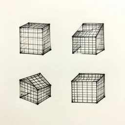 a wireframe expression of matrices, minimal, black ink stamp of off white paper