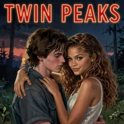 Twin Peaks romantic poster artwork by Michael Whelan and Tomer Hanuka, Karol Bak, Rendering of teenage romance Zendaya, from scene from Twin Peaks, full of details, by Makoto Shinkai and thomas kinkade, Matte painting, trending on artstation and unreal engine